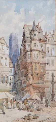 Charles Rousse (fl.1870-1890) pair of watercolours, North European townscapes with figures, 49 x 23cm, each signed, gilt framed. Condition - fair to good